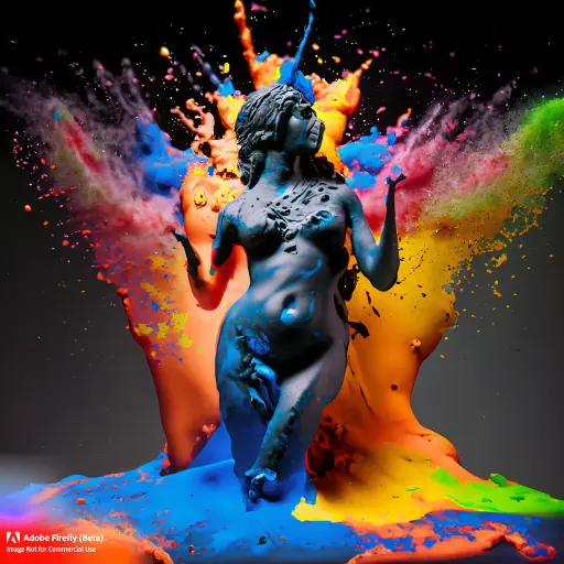 Firefly_picture+of colorful mud explosions and paint splashes and splitters but as statue of goddess venus, black RED ORANGE YELLOW GREEN BLUE INDIGO VIOLET_photo,dramatic_light_26156